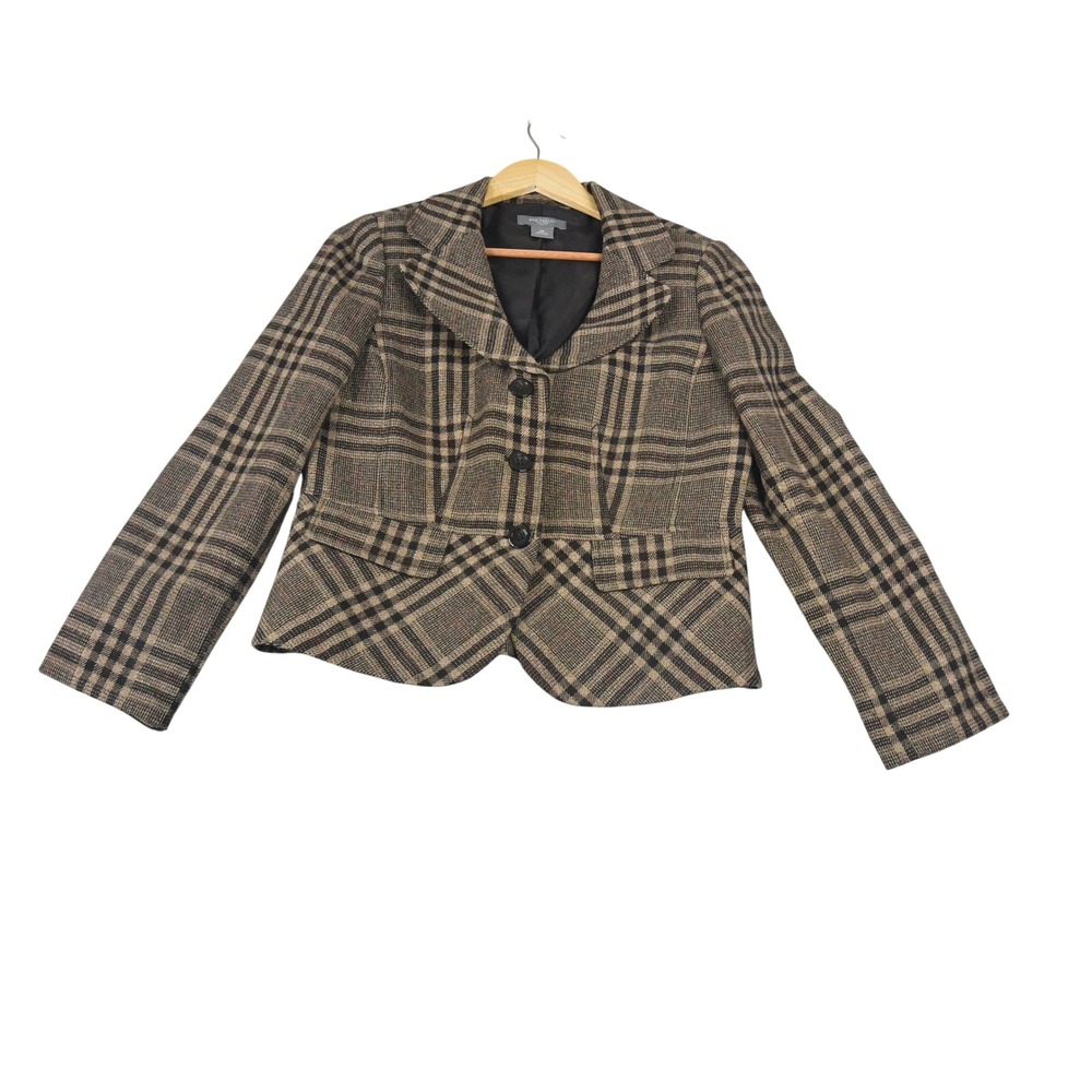 Ann Taylor Blazer Women 10P Brown Excellent Plaid Peplum Button Front Jacket